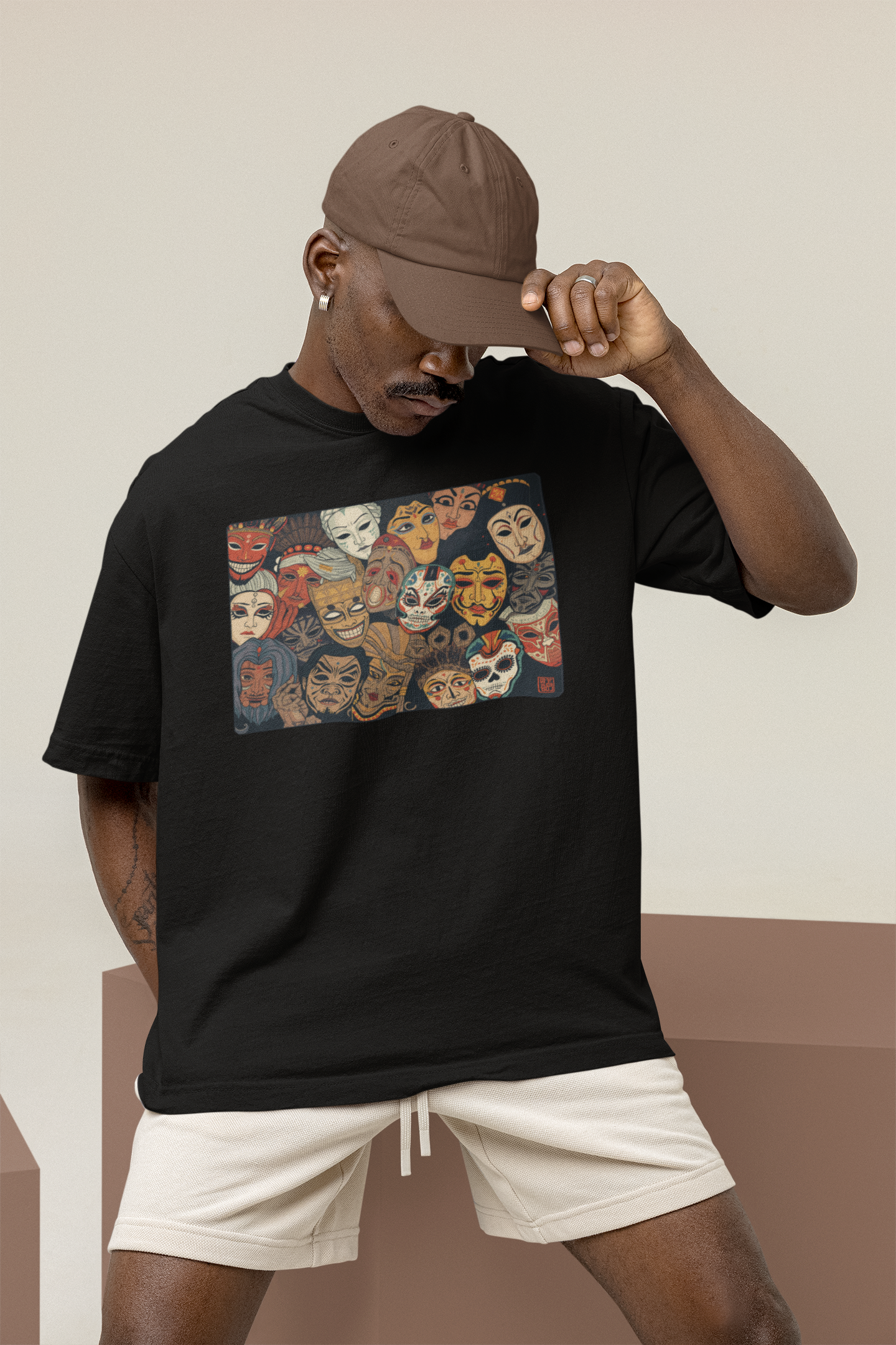 Cultural Mask Collage Oversized Unisex T-Shirt